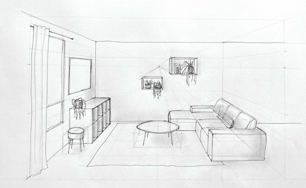 croquis en perspective salon