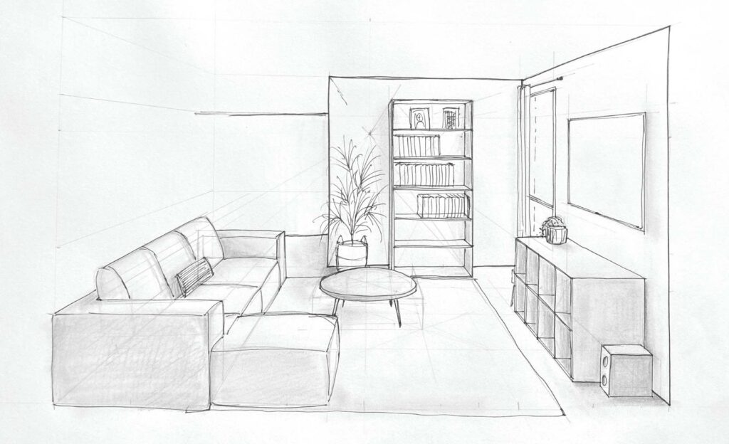 croquis en perspective salon