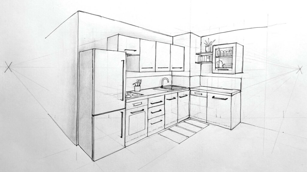 croquis en perspective cuisine