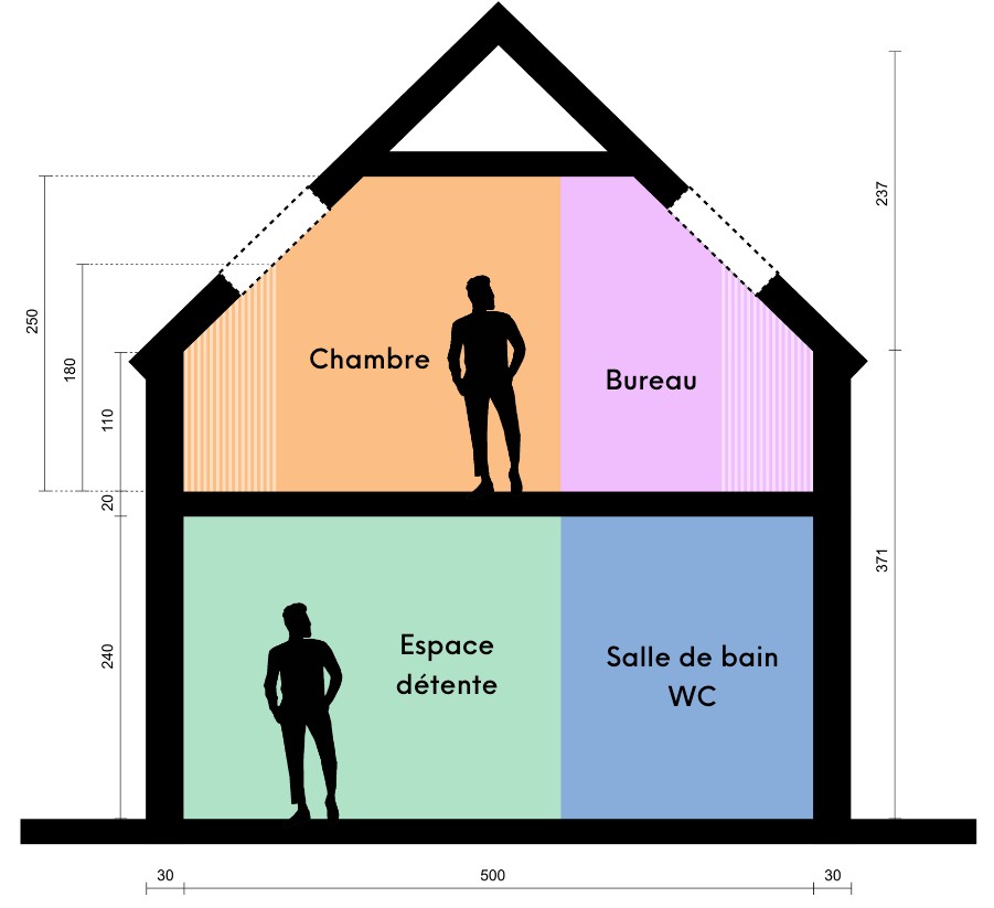 Coupe du studio avec la création d'un étage et l'emplacement des fonctions