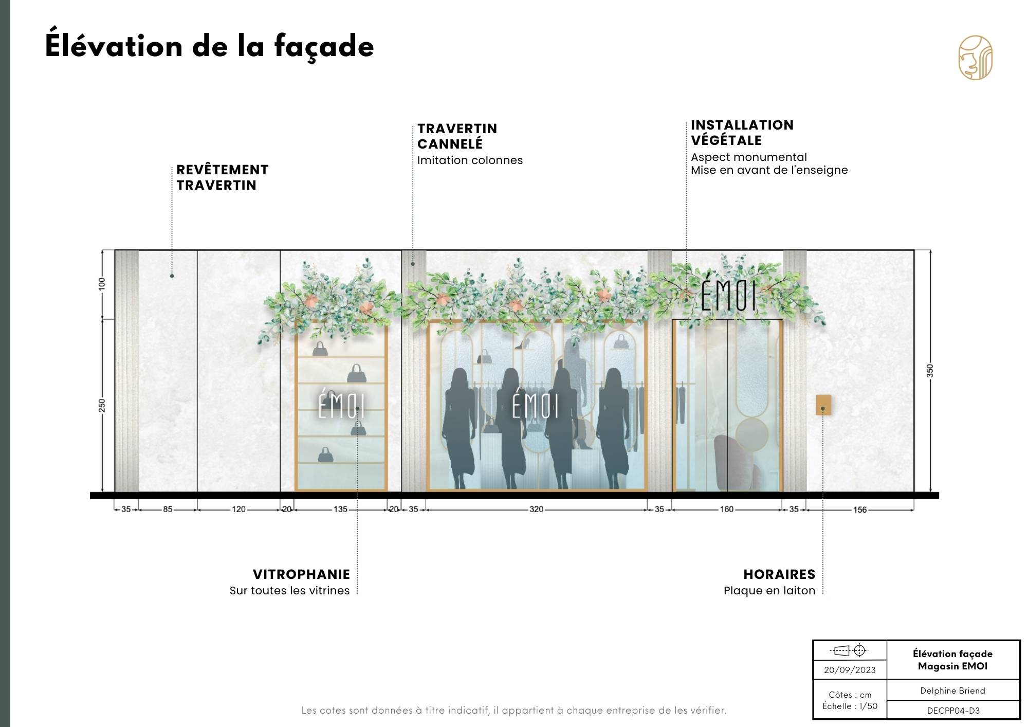 Elevation du magasin, vue extérieure, avec une installation végétale monumentale au dessus des vitrines