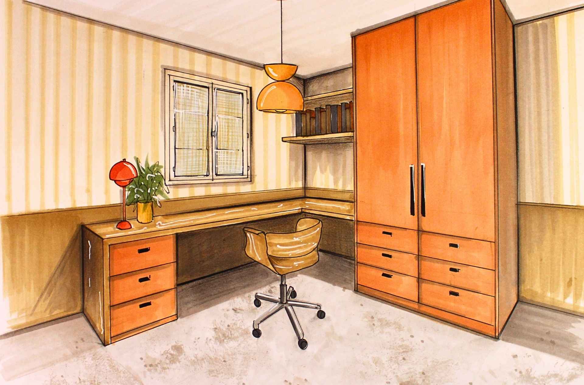 Un bureau à la maison, confortable et pratique avec des rangements, un placard, une chaise de bureau en bois.