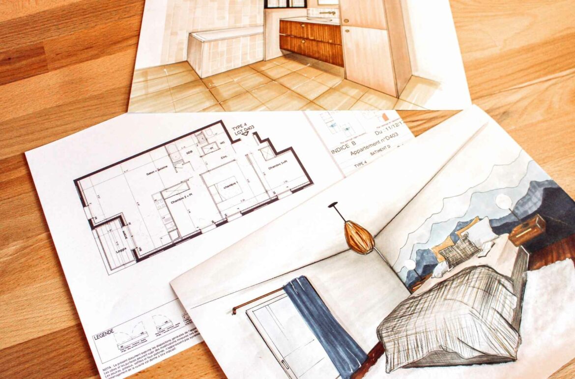 plan d'aménagement d'un appartement neuf, mis en valeur par des croquis de la salle de bain et la chambre, ambiance moderne et tendance douce