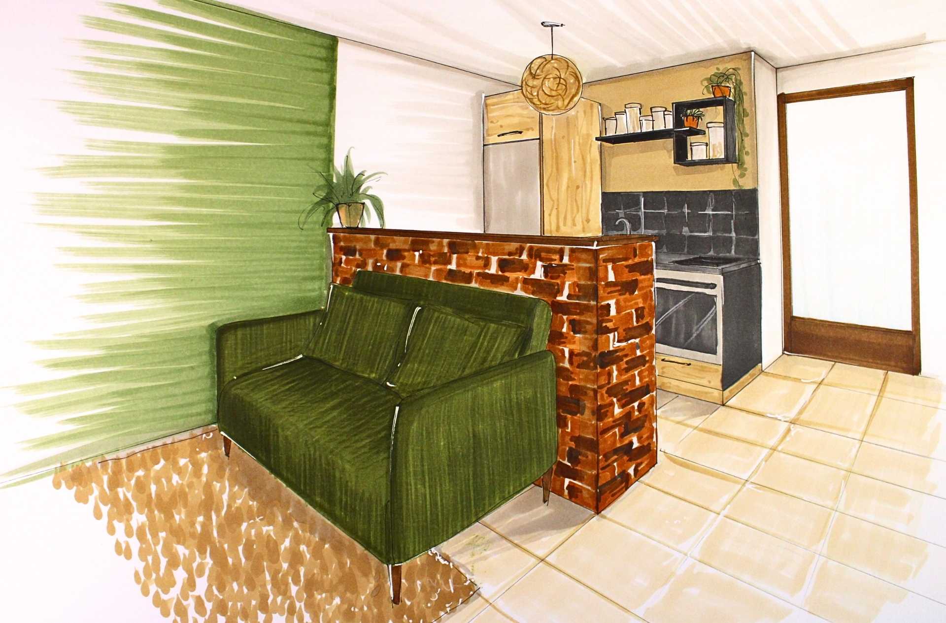 dessin sur-mesure d'un séjour avec un canapé vert en velours et un bar en briques