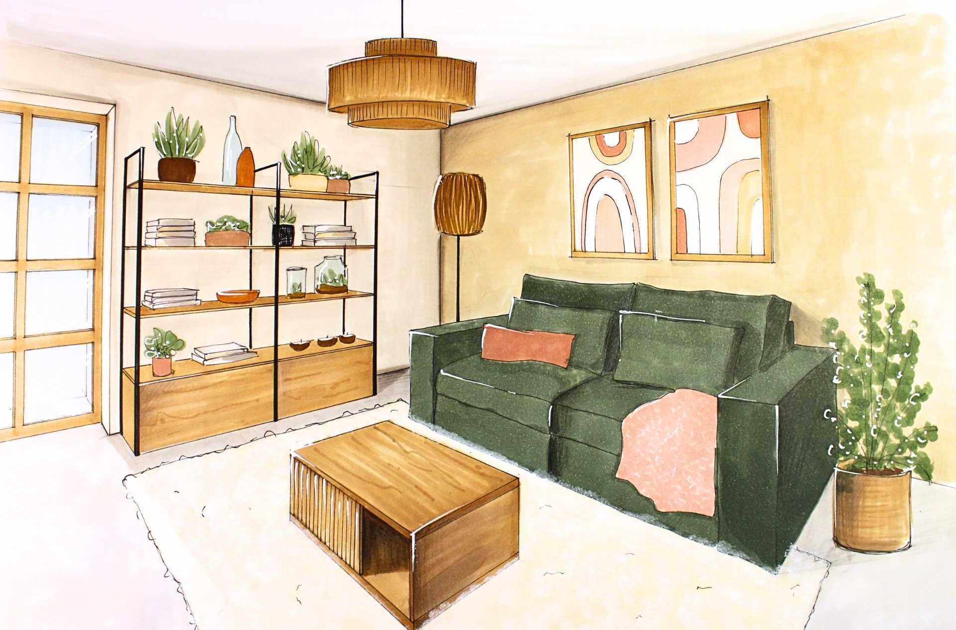 salon décoration naturelle pour ambiance douce, dessin réalisé à la main sur-mesure