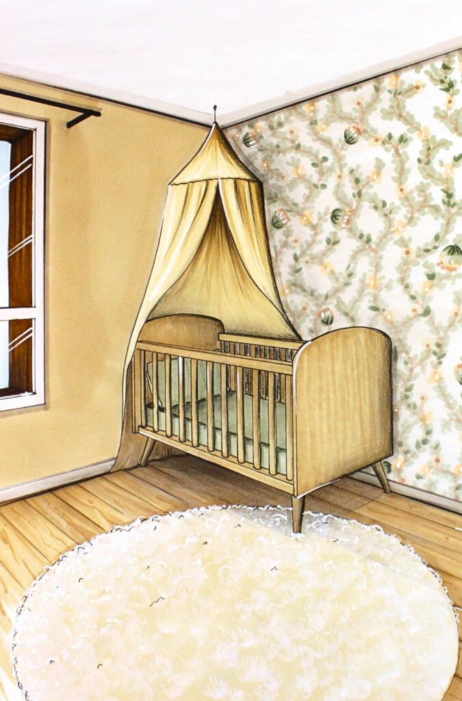 Une chambre bébé pour fille ou garçon, l'ambiance est naturelle, douce et florale. Papier peint fabriqué en France, peinture aux algues bio.