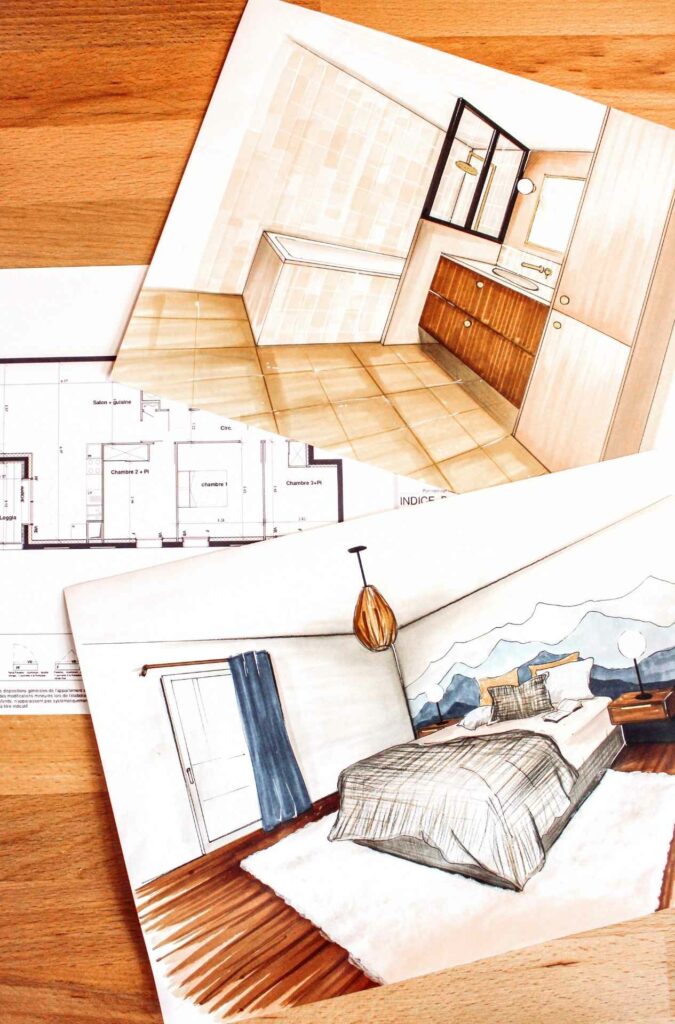 plan d'aménagement d'un appartement neuf, mis en valeur par des croquis de projection pour la salle de bain et la chambre