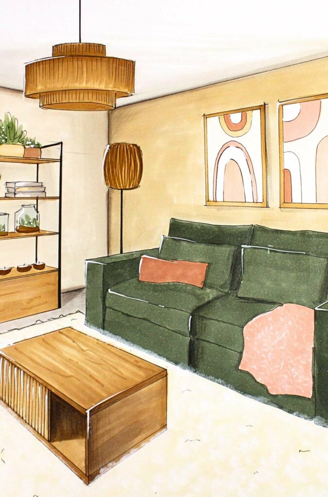 salon ambiance naturelle pour décoration d'intérieur douce, croquis à la main
