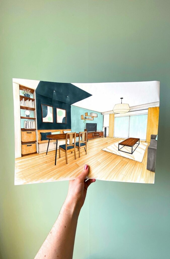 Un séjour dans un appartement neuf aménagé de façon pratique avec un coin repas bien délimité.